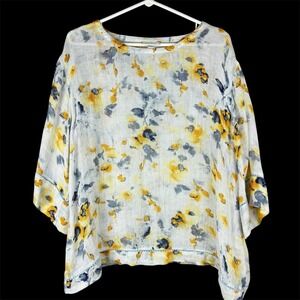 Pure J Jill Linen Gauze Top Airy Floral 3/4 Sleeve Lagenlook Boho Sz Medium